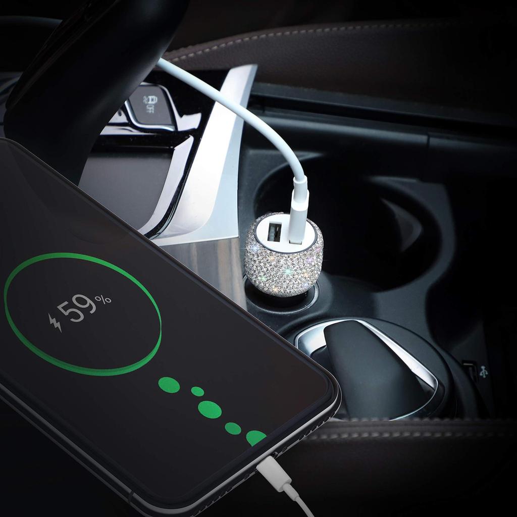 Diamond-mounted Dual USB Car Charger Multifunction Safety Hammer Fast Charging with Bling Rhinestones Aluminum Alloy Car Charger