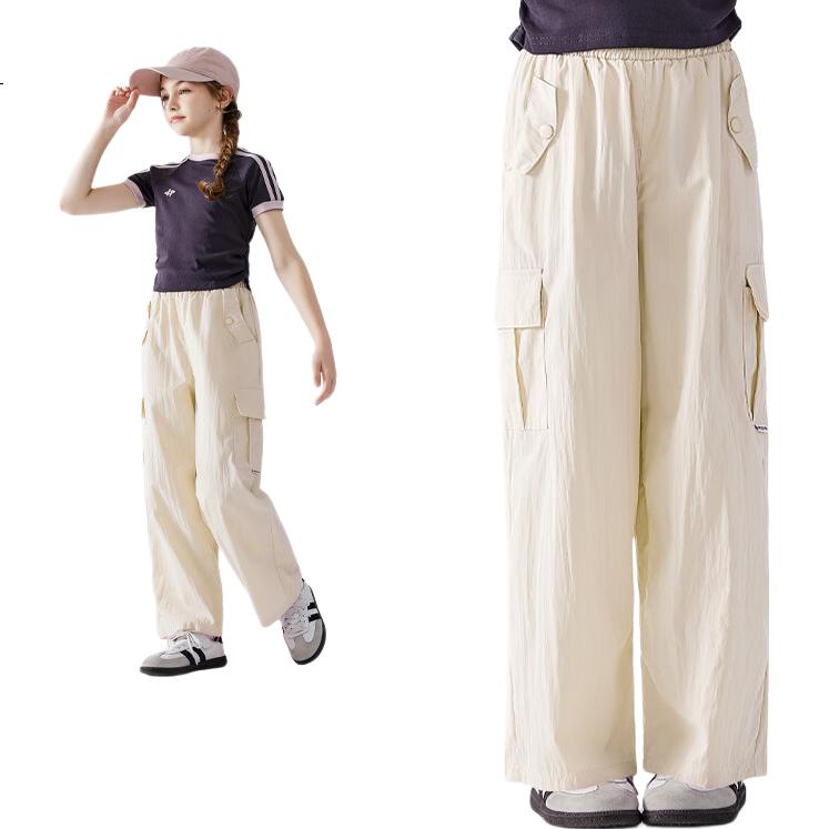 Disney Girls' Cargo Pants, Summer 2026 Breathable Wide-Leg Trousers, Children's Ice Silk Mosquito-Repellent Pants TD2EK002 Beige 120