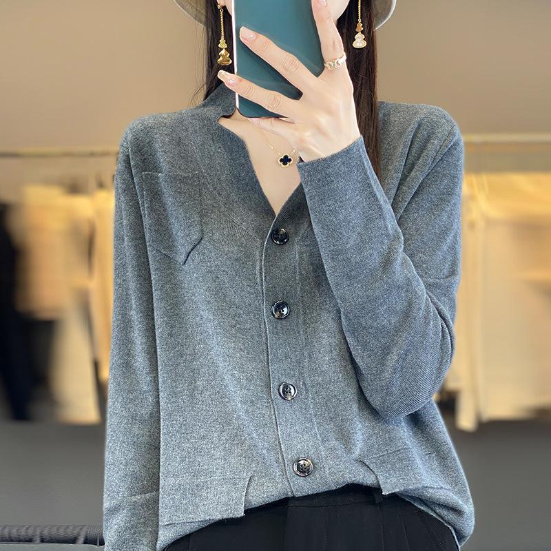 Spring and Autumn with Pockets Knitted Cardigan Women's Jacket Solid Color Loose Thin Outwear Top Long-sleeved Knitwear