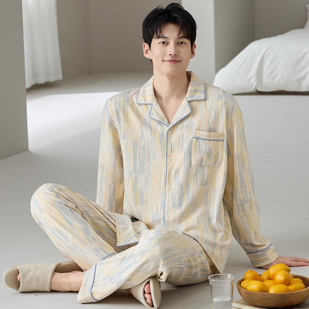 Men's 100% Cotton Striped Long Sleeve Pajamas - Trendy Korean Style for Spring
