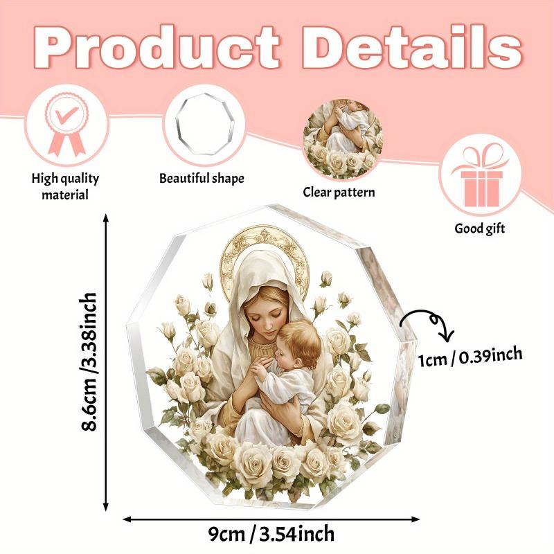 Decoração de Mesa de Acrílico Contemporânea 2D Plana da Virgem Maria e Menino Jesus, Aura Dourada e Rosas Brancas, Adequado para decoração de parede, varanda, quarto, villa,