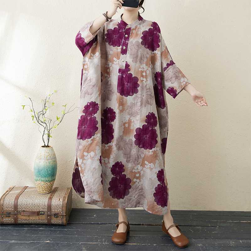 

Платье свободного покроя с принтом и воротником-стойкой большого размера с девятью рукавами, женское, средней длины One Size