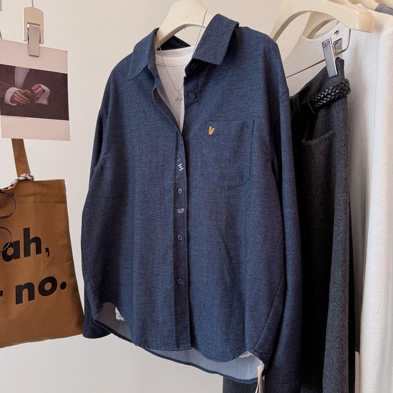 Women s Retro Korean Cartoon Embroidered Loose Denim Shirt S темно-синий