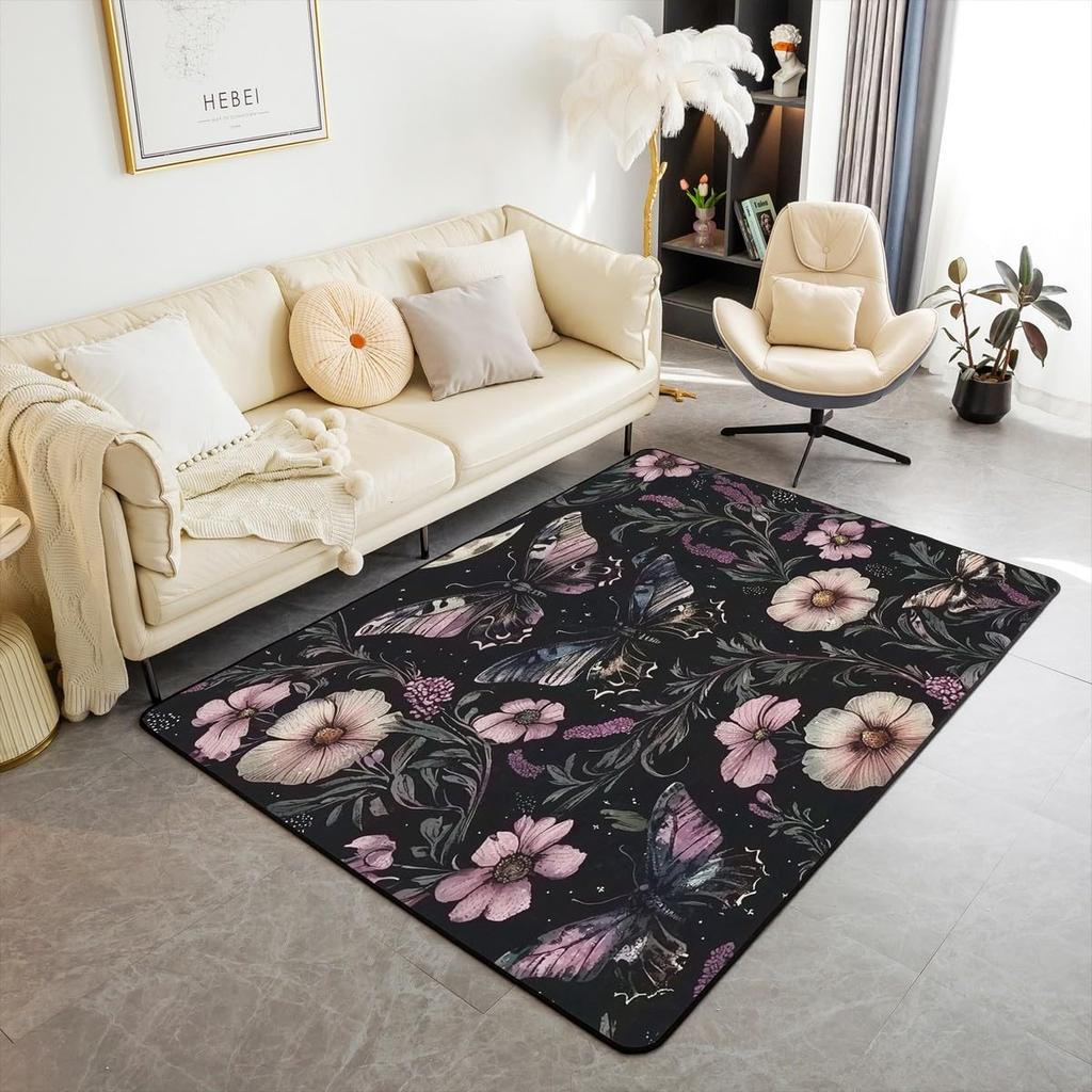 Cute Black Bat Large Area Rug 5x7, Floral Plant Leaves Living Room Rug, Starry Sky Moon Galaxy Rugs for Bedroom Boho Exotic European Style C