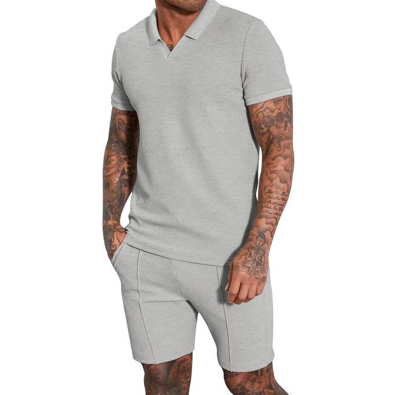 New Summer V-neck Short-sleeved Shorts Two-piece Set with Turn-down Collar Polo Shirt for Men