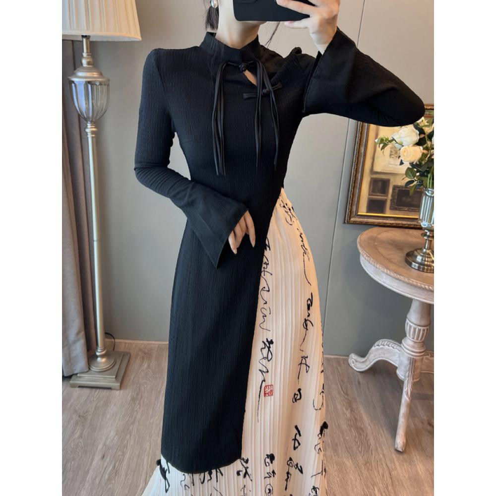Chinese Style Modified Cheongsam Ink Painting Dress Long Sleeve Suit Women's Dress