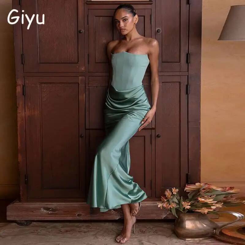 Sexy Satin Evening Club Party Dresses Women 2026 Summer Strapless Off Shoulder Fishbone Ruched Maxi Long Dress Elegant Robe
