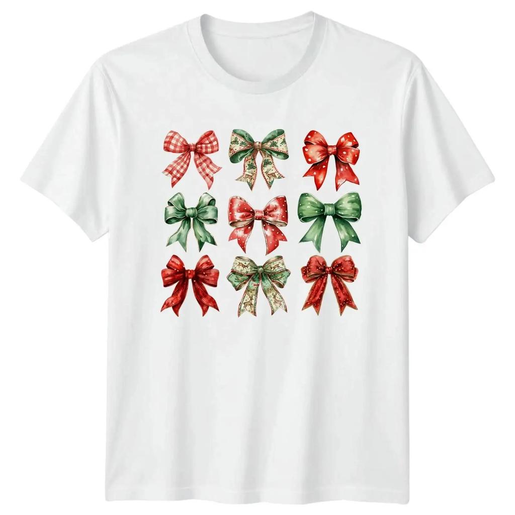 Christmas Bows Holiday Unisexs T Shirt Unisexs Festive Top Vintage Casual Top For Everyday Wear Stretched Comfortable