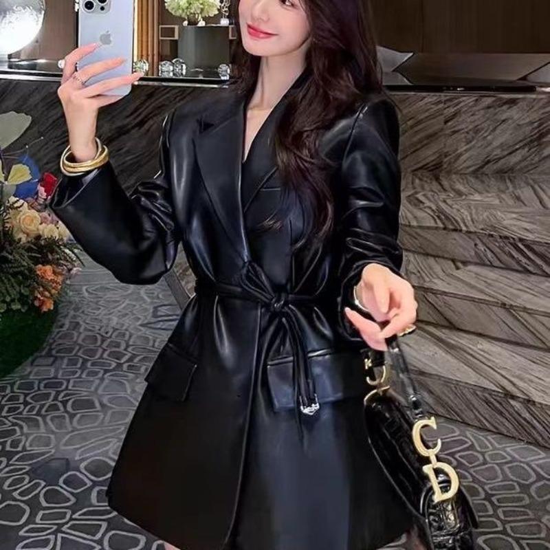 Leather Jacket Autumn New Casual Retro Temperament Waist Strap Medium and Long Suit Collar Leather Jacket Fashion