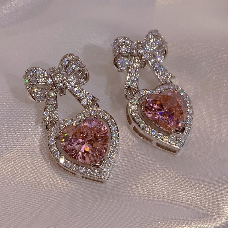 Exquisite Pink Heart Shape Bowknot Stud Earrings For Women Shining CZ Zircon Love Earring Girl Wedding Party Temperament JewelryGood product