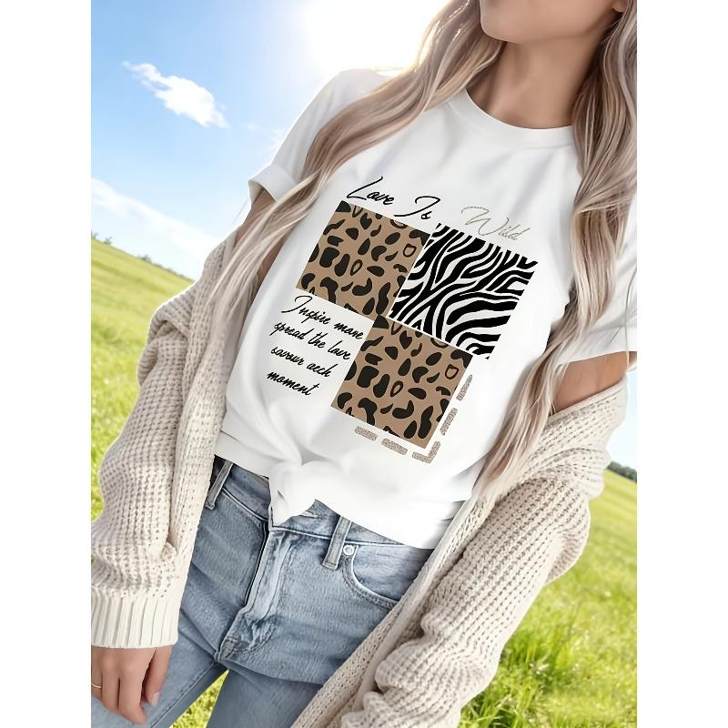 European Size Elegant Women'S Shirt, Christmas, Ladies' Graphic T-Shirt - Short Sleeves, Round Neck, Featuring Leopard And Zebra Print Letter Designs