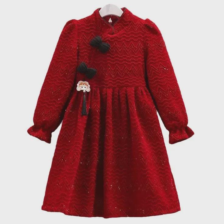Girls' Red Velvet Cheongsam Dress - Autumn/Winter Fashion for Middle To Large Children