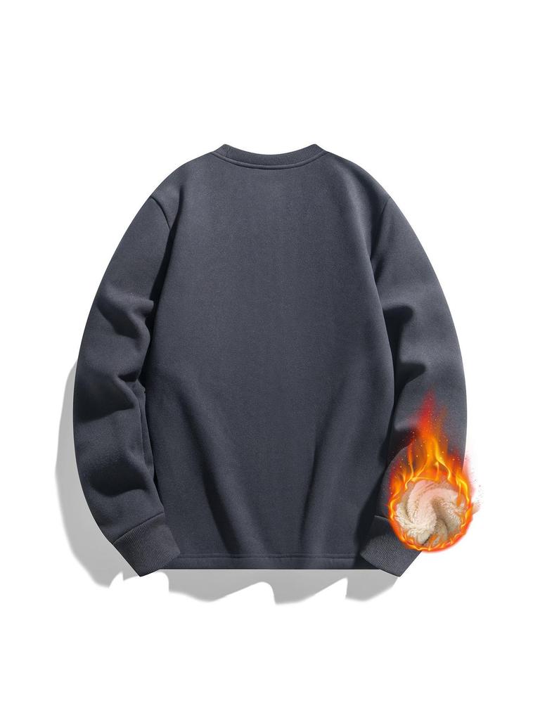 Men's Lambswool Round Neck Hoodie, Velvet-Lined, Thick, Long Sleeve, Warm Winter Top, No Hood