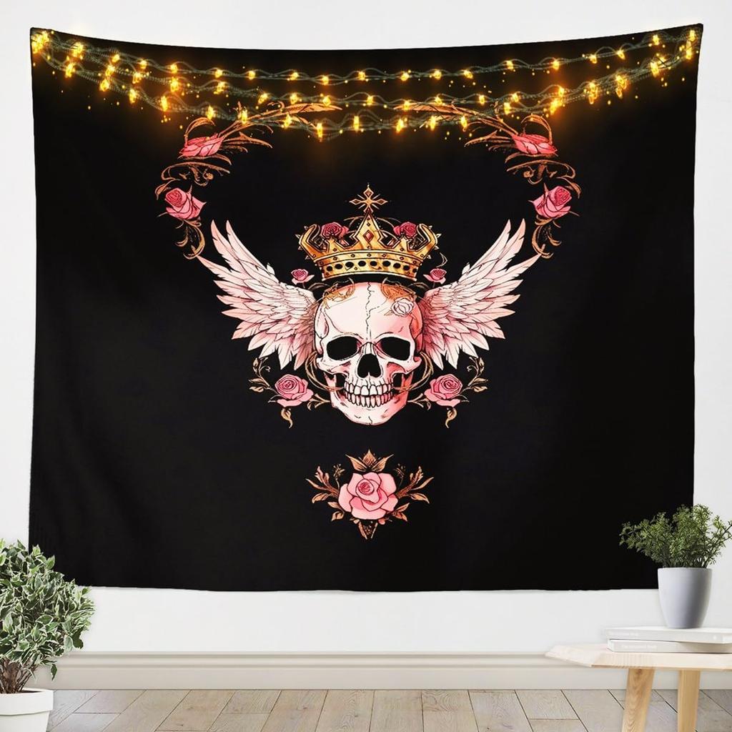 3D Skull Floral Wall Tapestry Rose Death Skull Tapestry, 3D Romantic Skeleton Tapestry For Bedroom Boho Gothic Hanging Wall Art