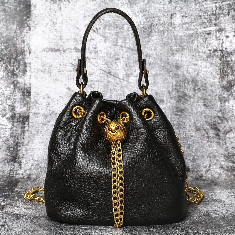Top-grain Cowhide Ladies' Cosmetic Bag Casual Genuine Leather Bucket Bag Soft Cowhide Chain Bag