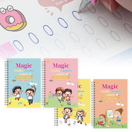 4Pcs Writing Exercise Book for Children Ages 3-10 Handwriting Workbook Kit with Letters Numbers Math Paintings English Groove Practice Copybook