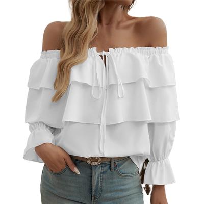 Women's Loose Casual Color Ruffle Edge Short Sleeved Top, Fashionable Long Sleeved Top