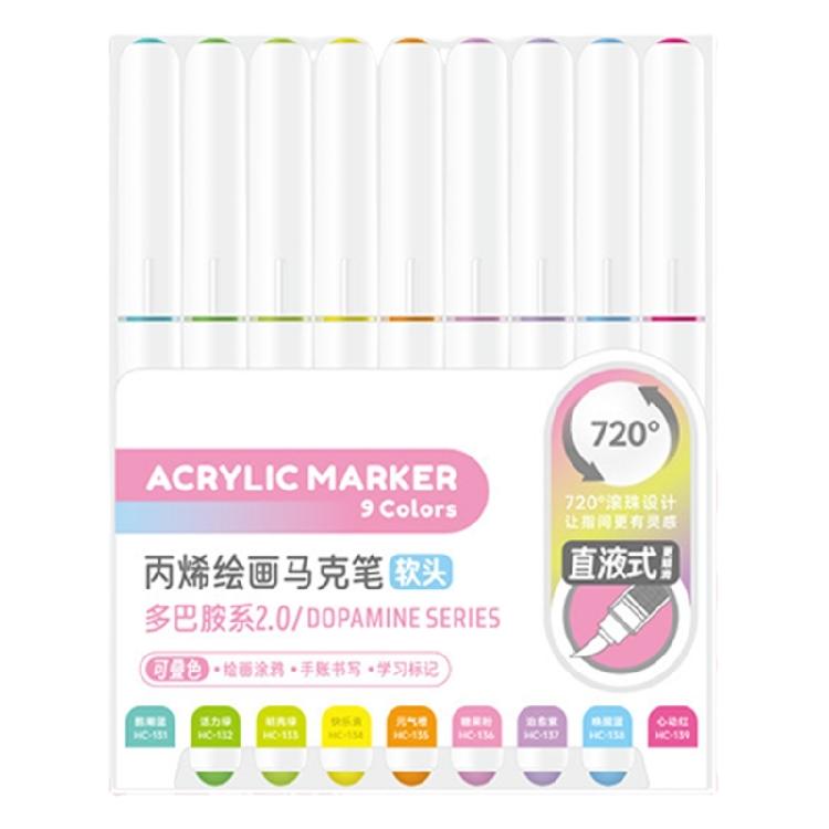 9 Color Acrylic Paint Pen with Brush Tip Liquid Acrylic Paint Marker Pen for Journaling Painting Coloring Card Making