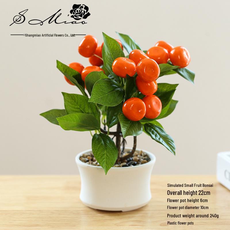 Creative Wooden Basin with Artificial Green Plant Bonsai Ornament for Display and Decoration.