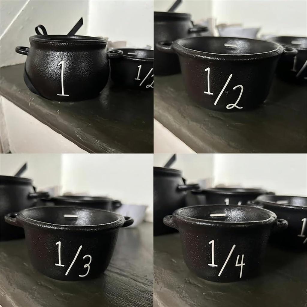 4PC  Witch Cauldron Set, Halloween  Kitchen Measuring Cup, Plastic Stackable Black Candy Pot With Handle, Home Party Favors Candy Bowl Decor,