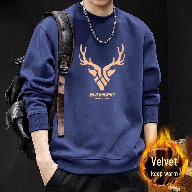 Men's Trendy Round Neck Hoodie - Plus Velvet, Autumn/Winter Style, American Brand, Perfect for Couples and Trendsetters.