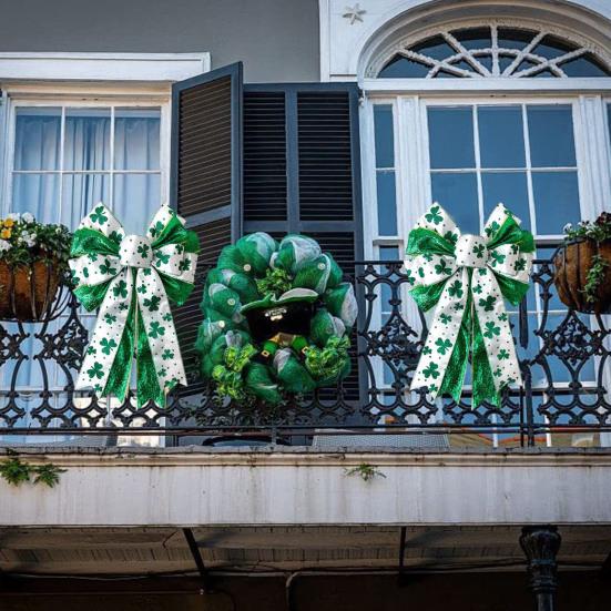 St. Patrick's Day Bow Large White Green Glitter Shamrock Bow Irish Holiday Decor Ribbon Bow Knot for Wreath Tree Topper Front Door