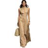 Damen ärmelloses Maxikleid mit hohem Kragen und Knöpfen, einfarbig, lässig, locker sitzend, Sommerkleid