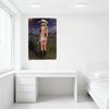 Sexy Blonde Cowgirl Metal Tin Sign Vintage Painterly Wall Decor, Blue-Gray Bikini Cowboy Boots Revolver in Grassy Hill Landscape