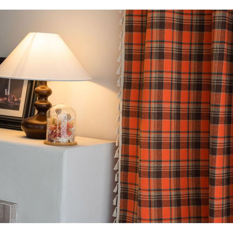French Style Orange Checkered Cotton Linen Curtain Semi-Sheer Kitchen Dining Bay Window