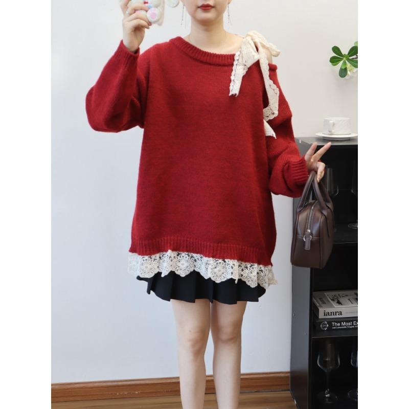 Premium lace lace-up bow knitted sweater top autumn and winter new off-the-shoulder sweater pullover women