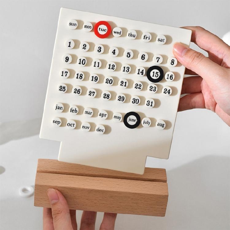 Desktop Permanent Calendar with Wood Stand ABS Permanent Countdown Calendar with 3 Rings for Office Desk Date Reminder
