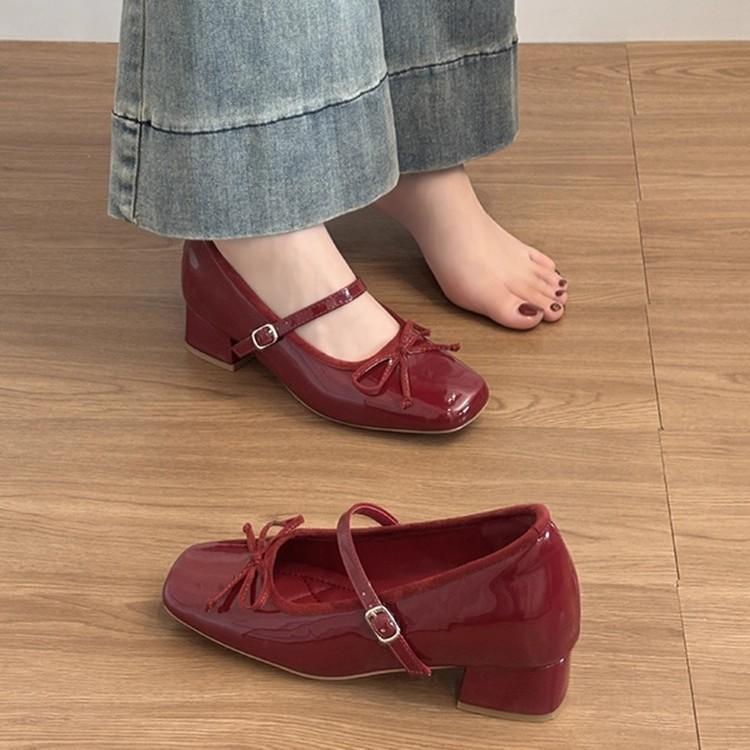 Sheepskin Version~ Genuine Leather Small Man Inner Height Increase 7CM Bow One-word Buckle Mary Jane Shoes Women's Thick Heel Retro Single Shoes