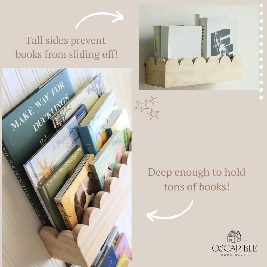 Boho Wooden Wall Shelf, Natural Pine Wood Floating Shelf, Scalloped Edge Display for Nursery, Kids’ Room, or Home Decor Nordic