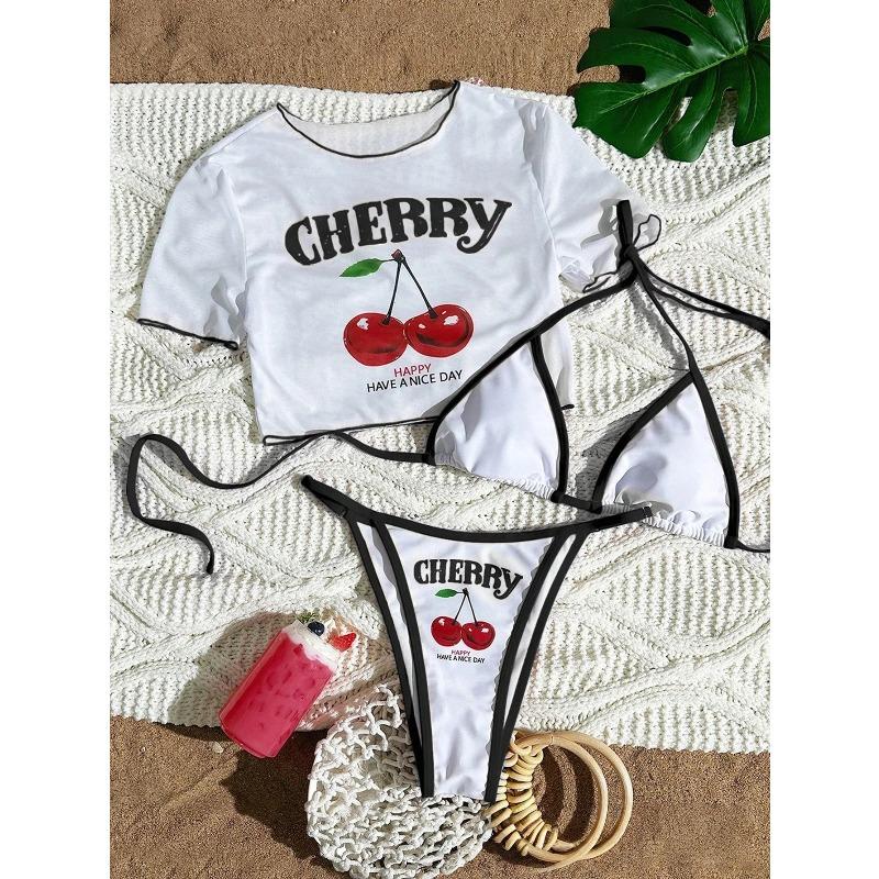 2026 New Printed Top Mesh Blouse Split Sexy Three-Piece Bikini Swimsuit Women S