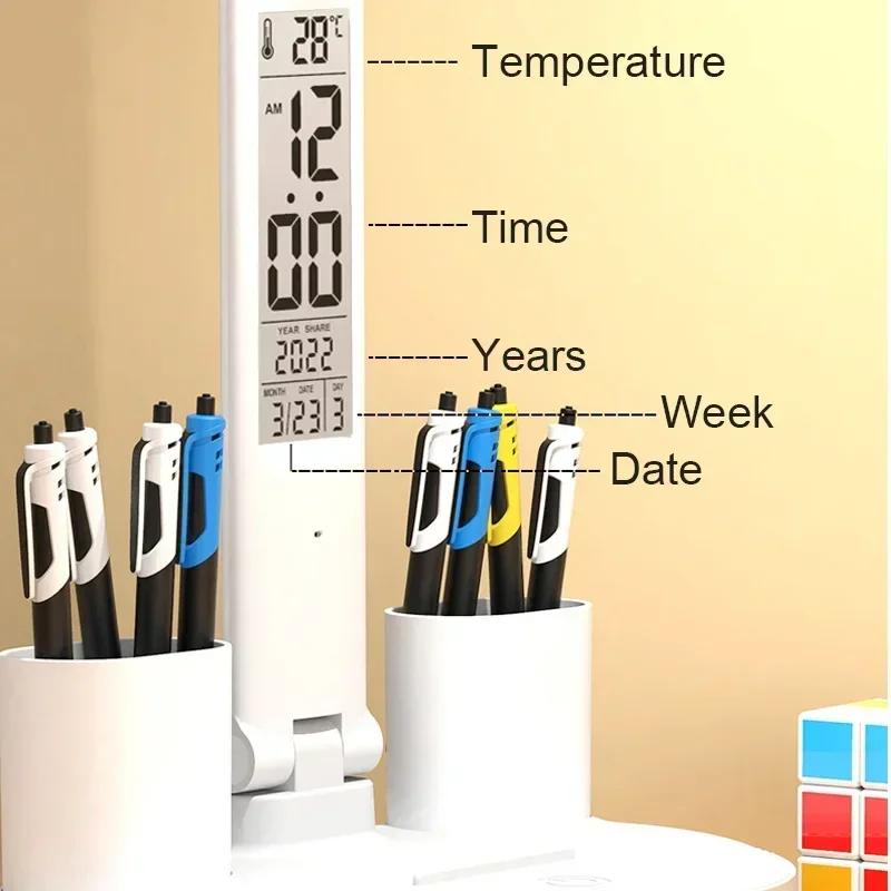 Lâmpada de mesa led usb regulável toque dobrável lâmpada de mesa com calendário temperatura relógio luz da noite para estudo lâmpada de leitura