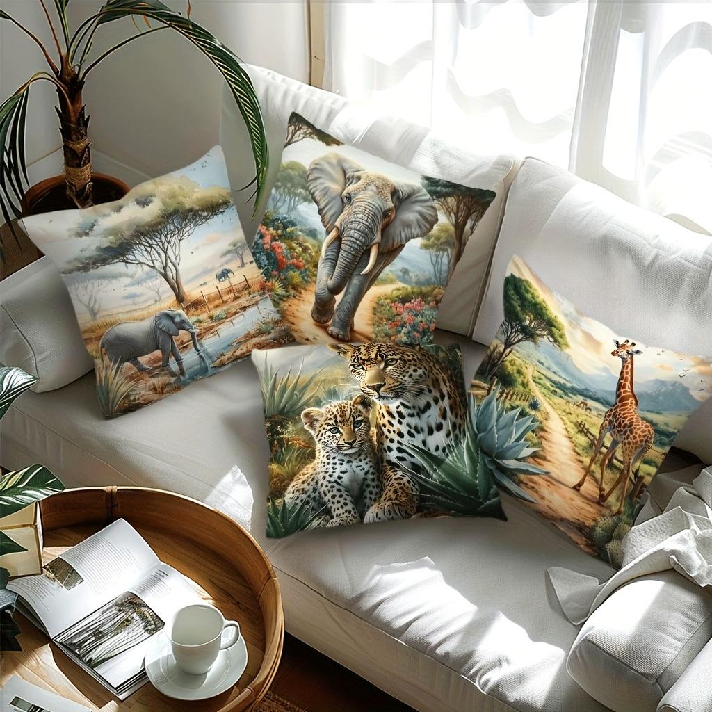 1/4pcs African Wildlife Safari Throw Pillow Covers Wild Animal Leopard Elephant Giraffe Home Decor Cushion Cover