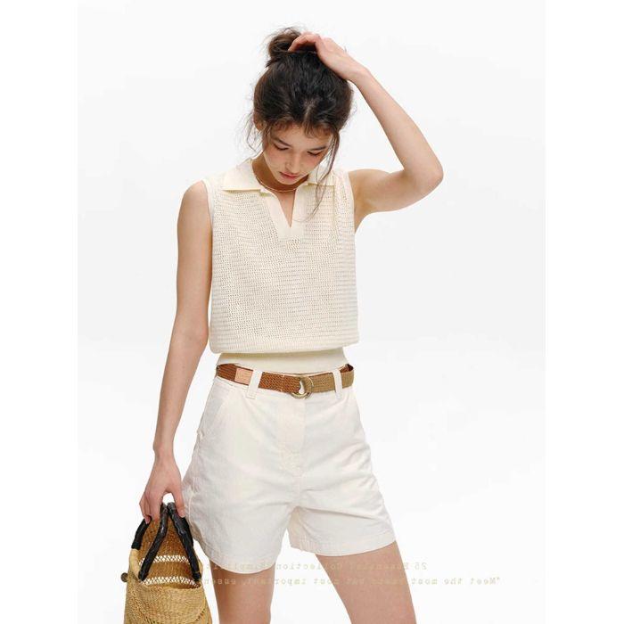 Polo Collar Knitted Vest Short Sleeveless Base Layer Top for Women In Summer