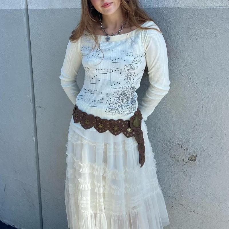 Abbigliamento Y2K Primavera e Autunno Personalizzato con Stampa di Note Musicali Grembiule Bordo Piccola Gonna Design Girocollo Top