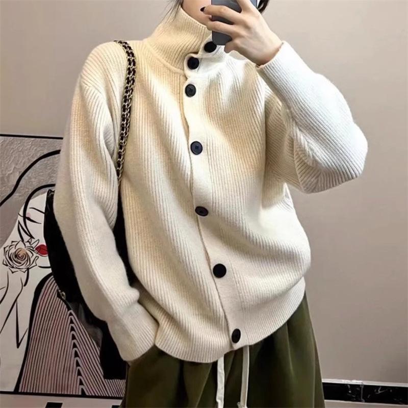 Turtleneck single-breasted solid-color long-sleeved sweater jacket women's loose autumn and winter lazy solid-color large-size knitted cardigan