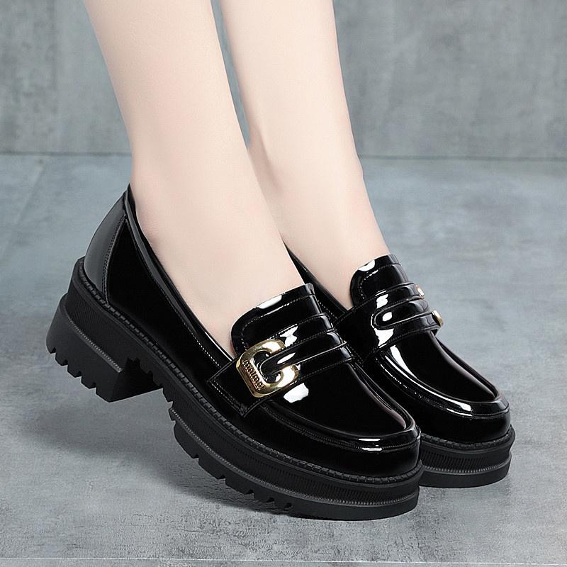 Women  Spring Autumn Deep Mouth High Heels Loafers Patent Leather Chunky Platform Pumps Slip On Black Office Mary Jane Shoes