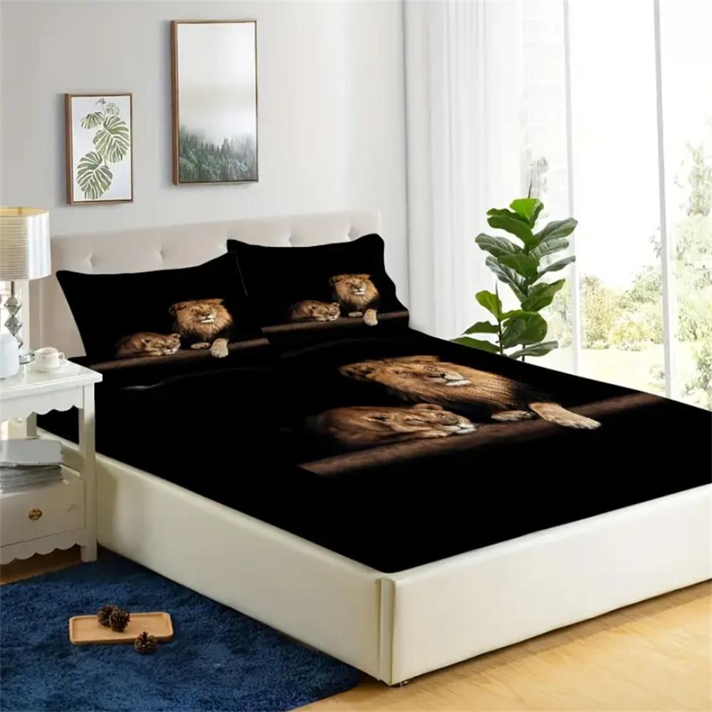Luxurious Lion-Themed Fitted Sheet Set 2/3pcs - Ultra-Soft Animals Fabric with Deep Pocket - Ideal for Bedroom and Dorm Room