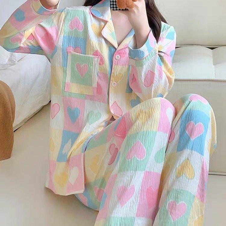 Women's Spring & Autumn Pajama Set - Sweet Style, Long Sleeve & Pants, Loose Fit, Spandex Cotton Ice Silk, Wear Outside.