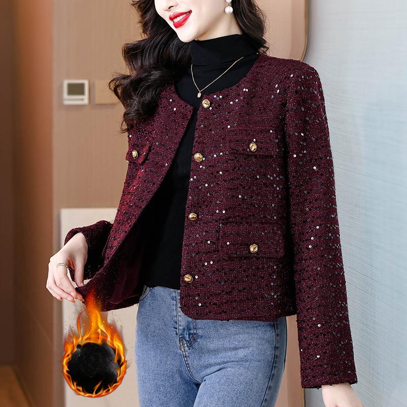 Small-scented High-end Short Jacket for Women's Winter New Style Cardigan Sequin Warm Long-sleeved Top
