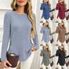 Women Solid Color Round Neck Ribbed Brushed Long Sleeve Button Casual T Shirt