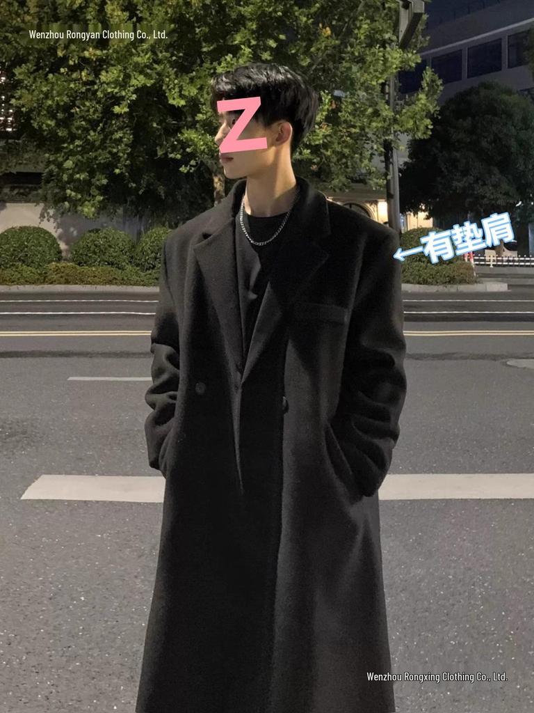 Pánsky sivý vlnený trenčkot – strednej dĺžky, hrubý, voľného strihu, nad kolená, kórejský štýl, jeseň/zima