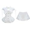 XHSUKADO Stage Costume Top and with Short and Korean Low Size L Women's 3-Piece Set, Bottoms, Ribbon, Sleeves, Lace, Ruffles, Style, Neck, Sexy, Cute,