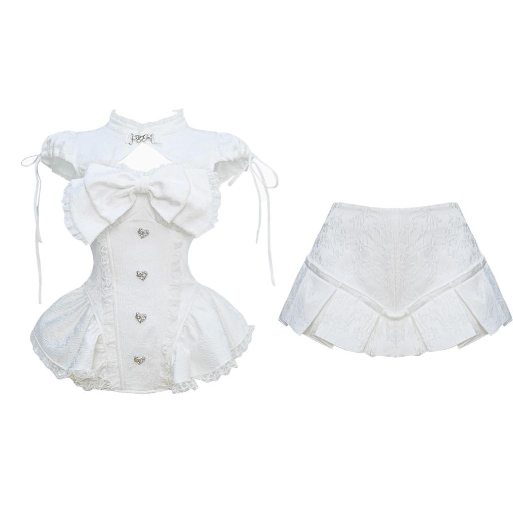 XHSUKADO Stage Costume Top and with Short and Korean Low Size L Women's 3-Piece Set, Bottoms, Ribbon, Sleeves, Lace, Ruffles, Style, Neck, Sexy, Cute,