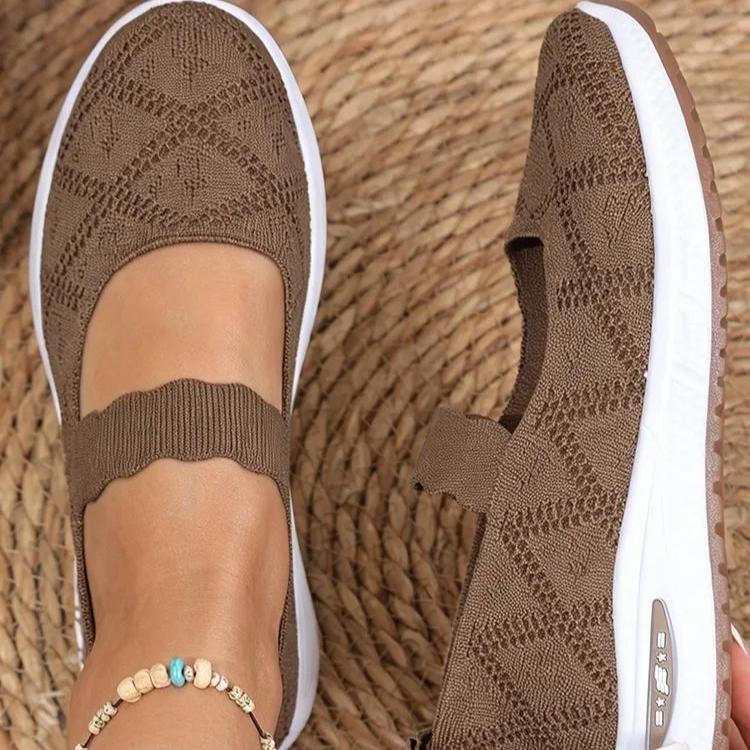 Knit Mesh Slip-On Sneakers for Women, Comfortable Air Cushion Sole Breathable Casual Walking Shoes with Mary Jane Strap