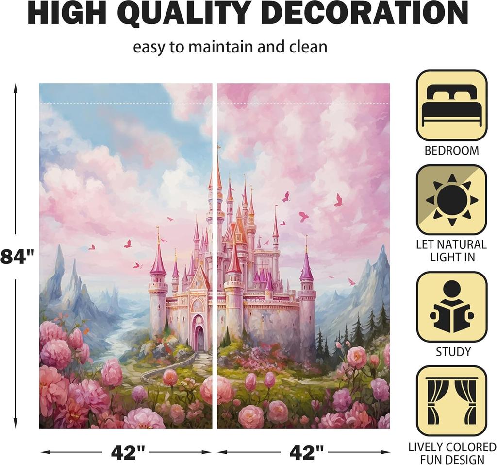 Princess Castle Window Curtains Kids Girls Magic Pink Fantasy World Fairytale Landscape Baby Living Room Bedroom Nursery Made Of Polyester Area Decor
