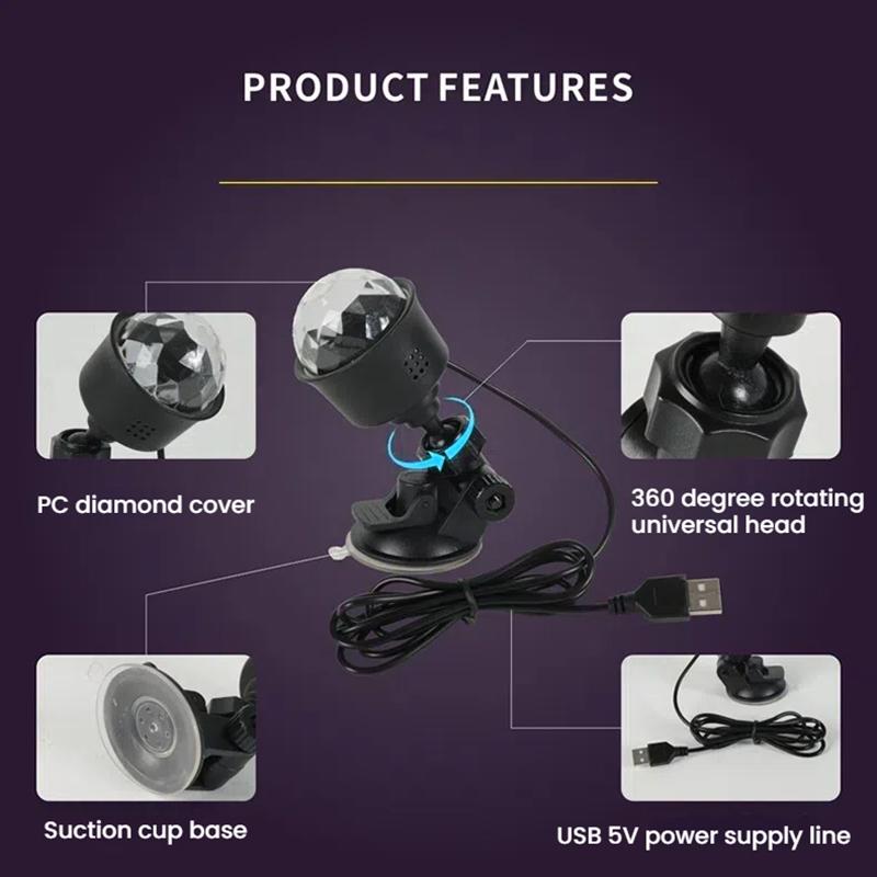Mini USB LED Atmosférická Lampa do Auta s RGB Automatickou Rotací, Disko Noční Světlo na Pódium pro Auto, Vánoční Dekorace, KTV, Domácí Párty, Bar